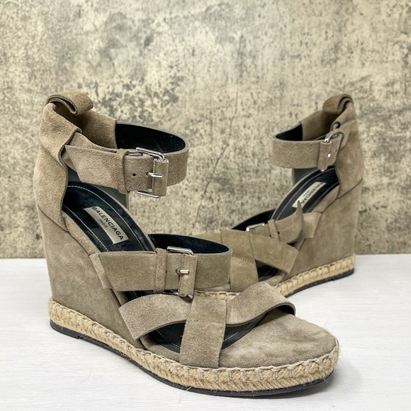 Balenciaga suede wedge espadrille sandals, taupe tan leather wedge heels, sz 39 - Picture 1 of 10
